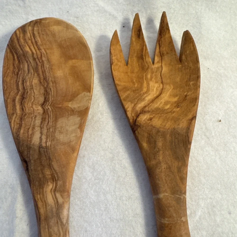 Vtg Olive Wood Salad Server Set - 12 Inch Wooden Tongs - Rustic Made In Spain